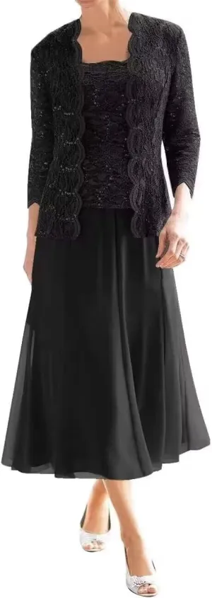 2 Piece Mother of The Bride Dress for Wedding Chiffon Laces Applique Mother of The Groom Dress with Jacket ZD103