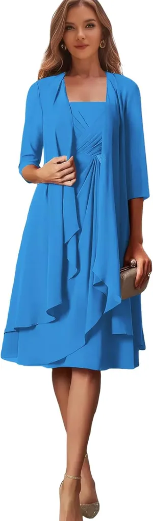 2 Piece Mother of The Bride Dresses for Wedding Chiffon Ruffle Formal Dress with Jacket Evening Gown for Women MR75