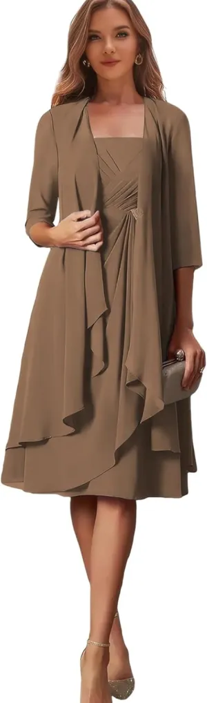 2 Piece Mother of The Bride Dresses for Wedding Chiffon Ruffle Formal Dress with Jacket Evening Gown for Women MR75