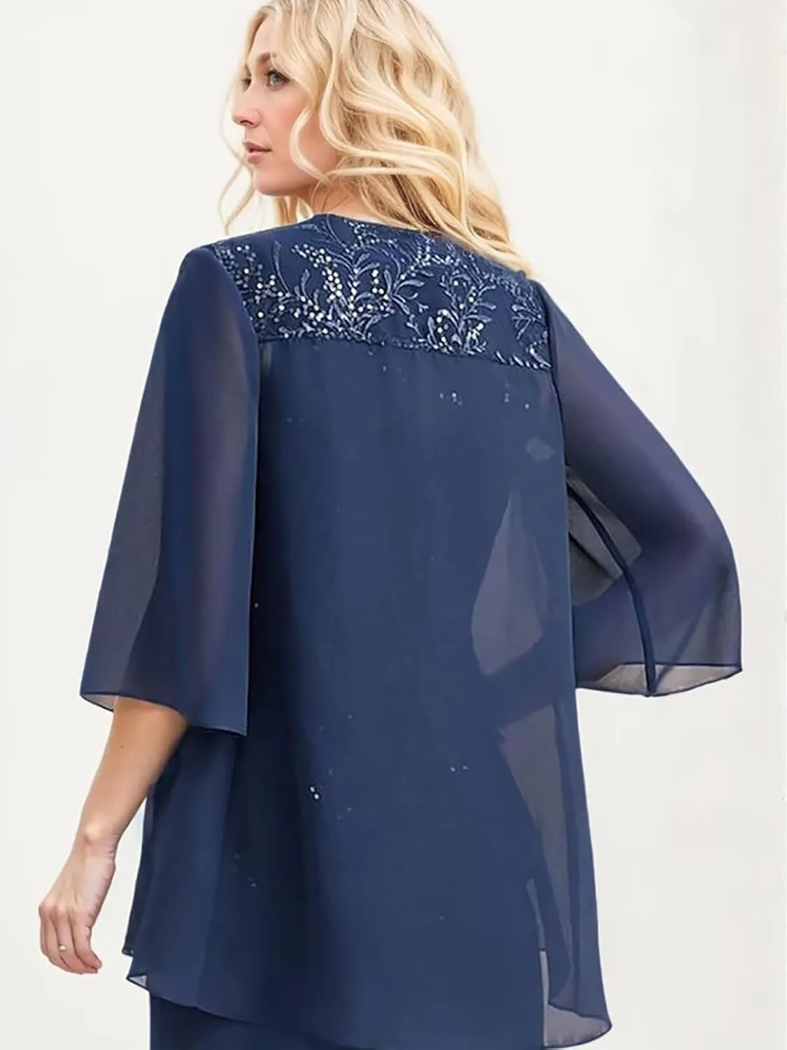 2 Pieces Mother of The Bride Dress with Jacket Chiffon Formal Wedding Guest Dresses 3/4 Sleeve Evening Gowns
