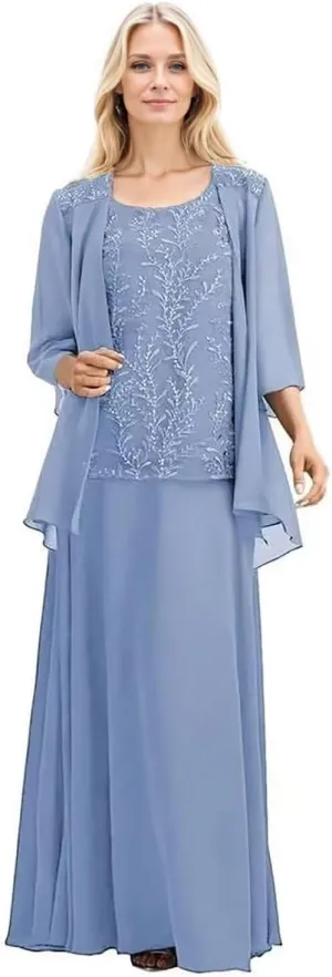 2 Pieces Mother of The Bride Dress with Jacket Chiffon Formal Wedding Guest Dresses 3/4 Sleeve Evening Gowns