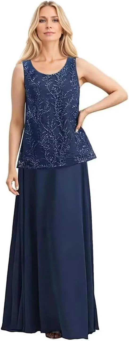 2 Pieces Mother of The Bride Dress with Jacket Chiffon Formal Wedding Guest Dresses 3/4 Sleeve Evening Gowns