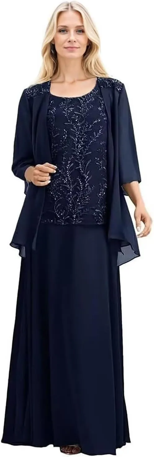 2 Pieces Mother of The Bride Dress with Jacket Chiffon Formal Wedding Guest Dresses 3/4 Sleeve Evening Gowns