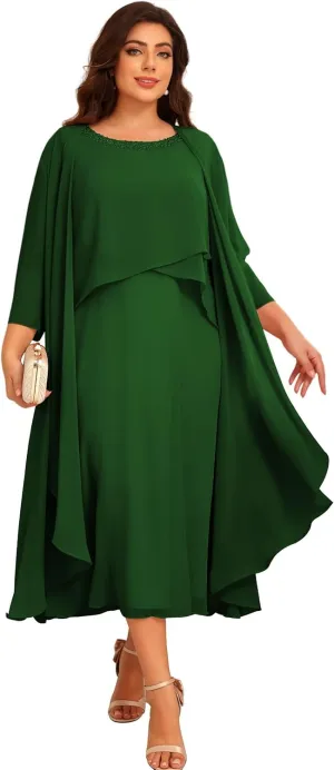 2 Pieces Mother of The Bride Dresses for Wedding 3/4 Sleeve Chiffon Tiered Party Dress with Jacket