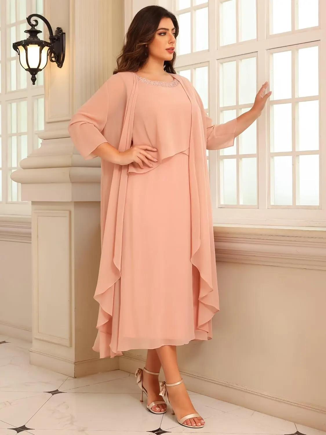 2 Pieces Mother of The Bride Dresses for Wedding 3/4 Sleeve Chiffon Tiered Party Dress with Jacket