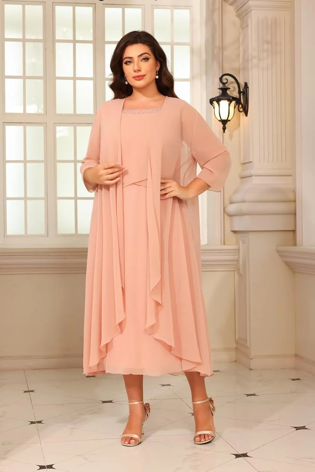 2 Pieces Mother of The Bride Dresses for Wedding 3/4 Sleeve Chiffon Tiered Party Dress with Jacket