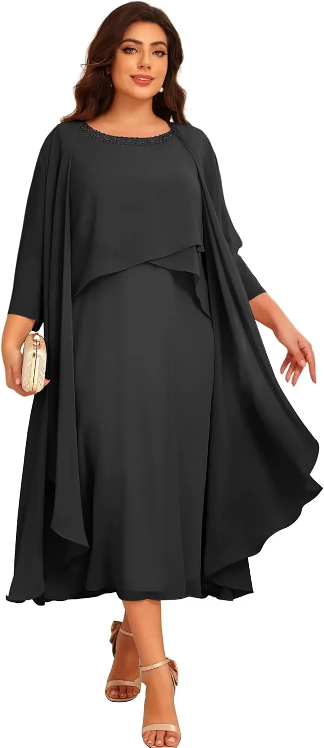2 Pieces Mother of The Bride Dresses for Wedding 3/4 Sleeve Chiffon Tiered Party Dress with Jacket