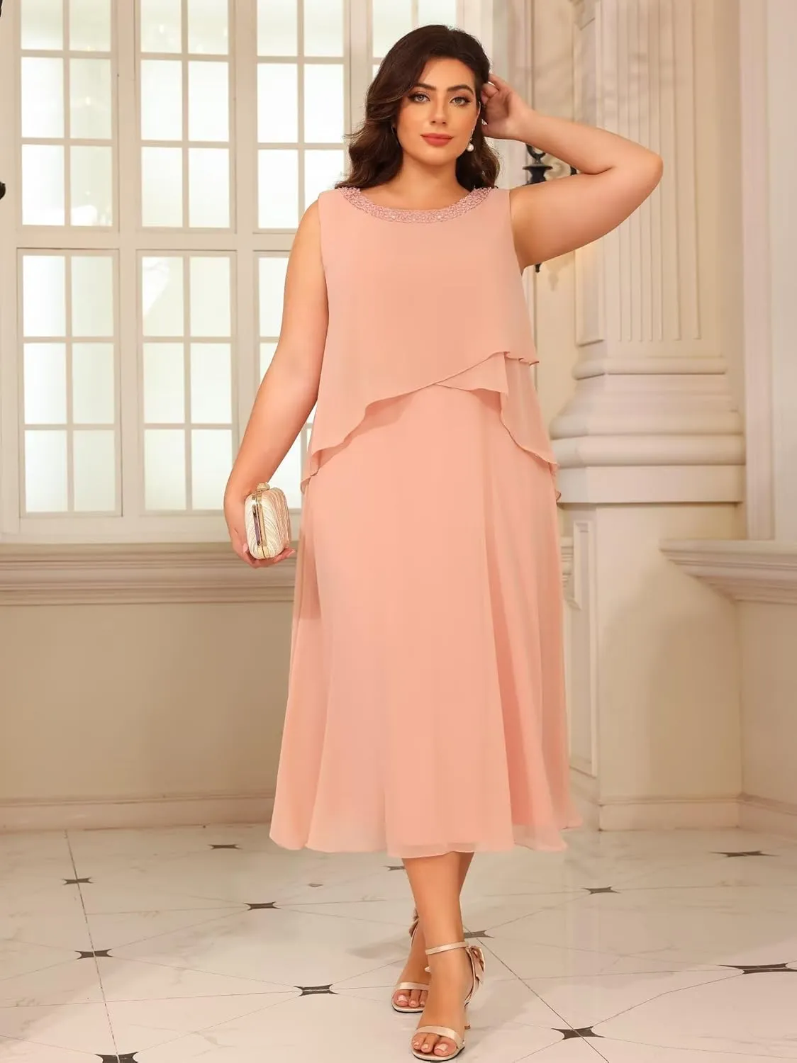 2 Pieces Mother of The Bride Dresses for Wedding 3/4 Sleeve Chiffon Tiered Party Dress with Jacket