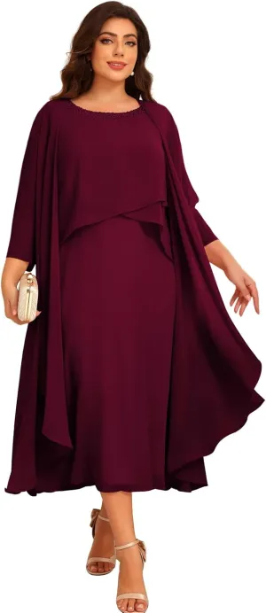 2 Pieces Mother of The Bride Dresses for Wedding 3/4 Sleeve Chiffon Tiered Party Dress with Jacket