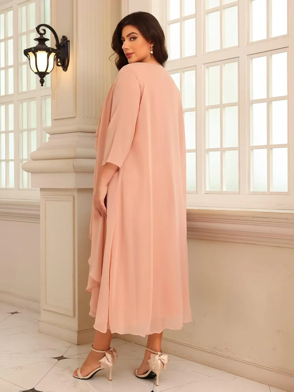 2 Pieces Mother of The Bride Dresses for Wedding 3/4 Sleeve Chiffon Tiered Party Dress with Jacket