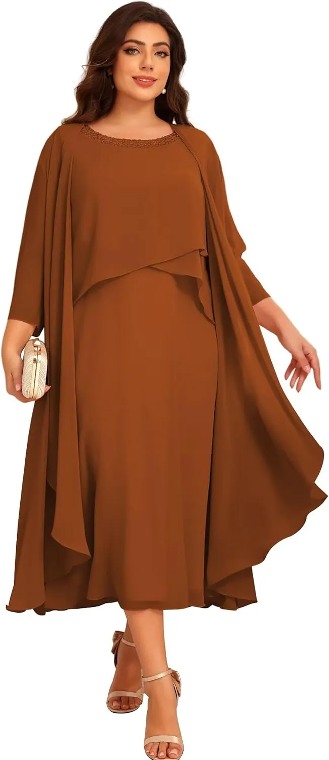 2 Pieces Mother of The Bride Dresses for Wedding 3/4 Sleeve Chiffon Tiered Party Dress with Jacket