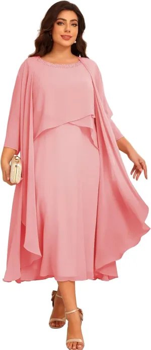 2 Pieces Mother of The Bride Dresses for Wedding 3/4 Sleeve Chiffon Tiered Party Dress with Jacket