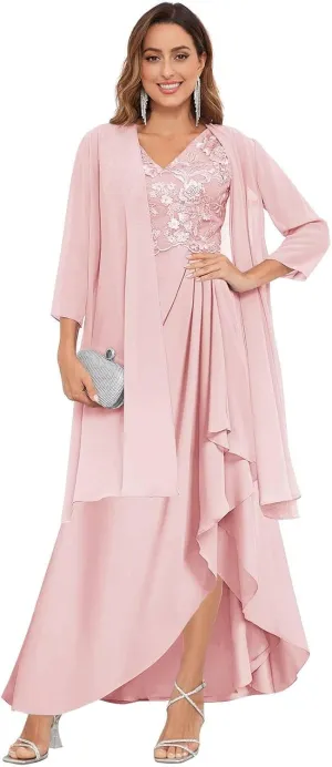 2 Pieces Mother of The Bride Dresses for Wedding Long Lace Chiffon Formal Evening Gowns with Jacket