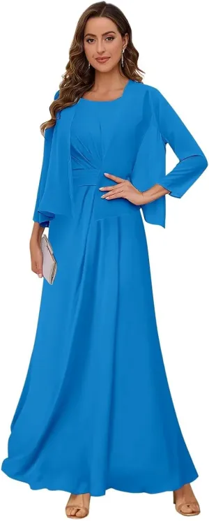2 Pieces Mother of The Bride Dresses with Jacket Ruched Chiffon Formal Evening Wedding Guest Gown