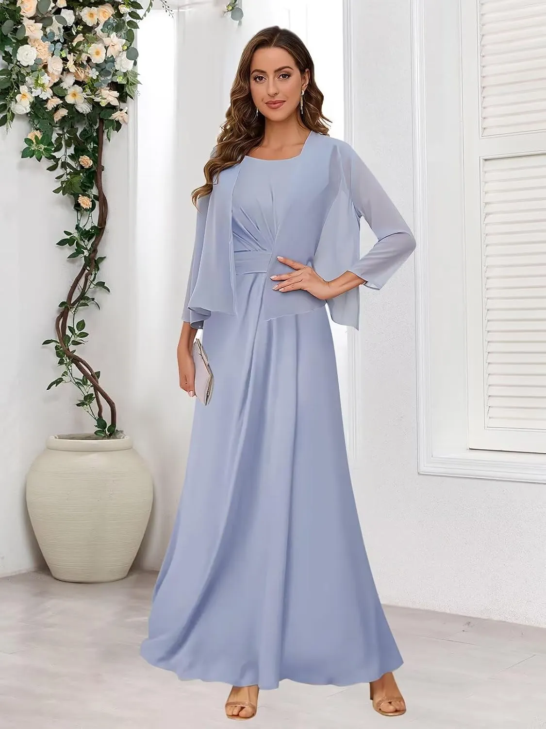 2 Pieces Mother of The Bride Dresses with Jacket Ruched Chiffon Formal Evening Wedding Guest Gown