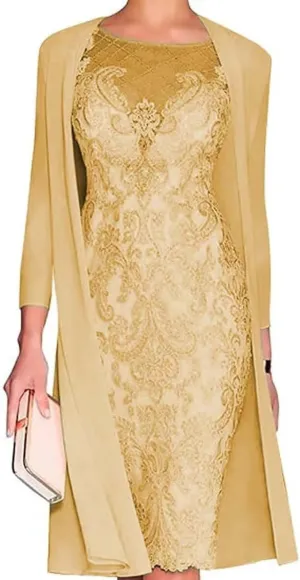 2 Pieces Mother of The Bride Dresses with Jacket Tea Length Laces Chiffon Formal Evening Gowns for Wedding Party Guest Gold