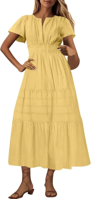 2025 Womens Summer Casual Midi Maxi Dresses Lightweight Short Sleeve V Neck Elastic Waist Loose Comfy Flowy Dress