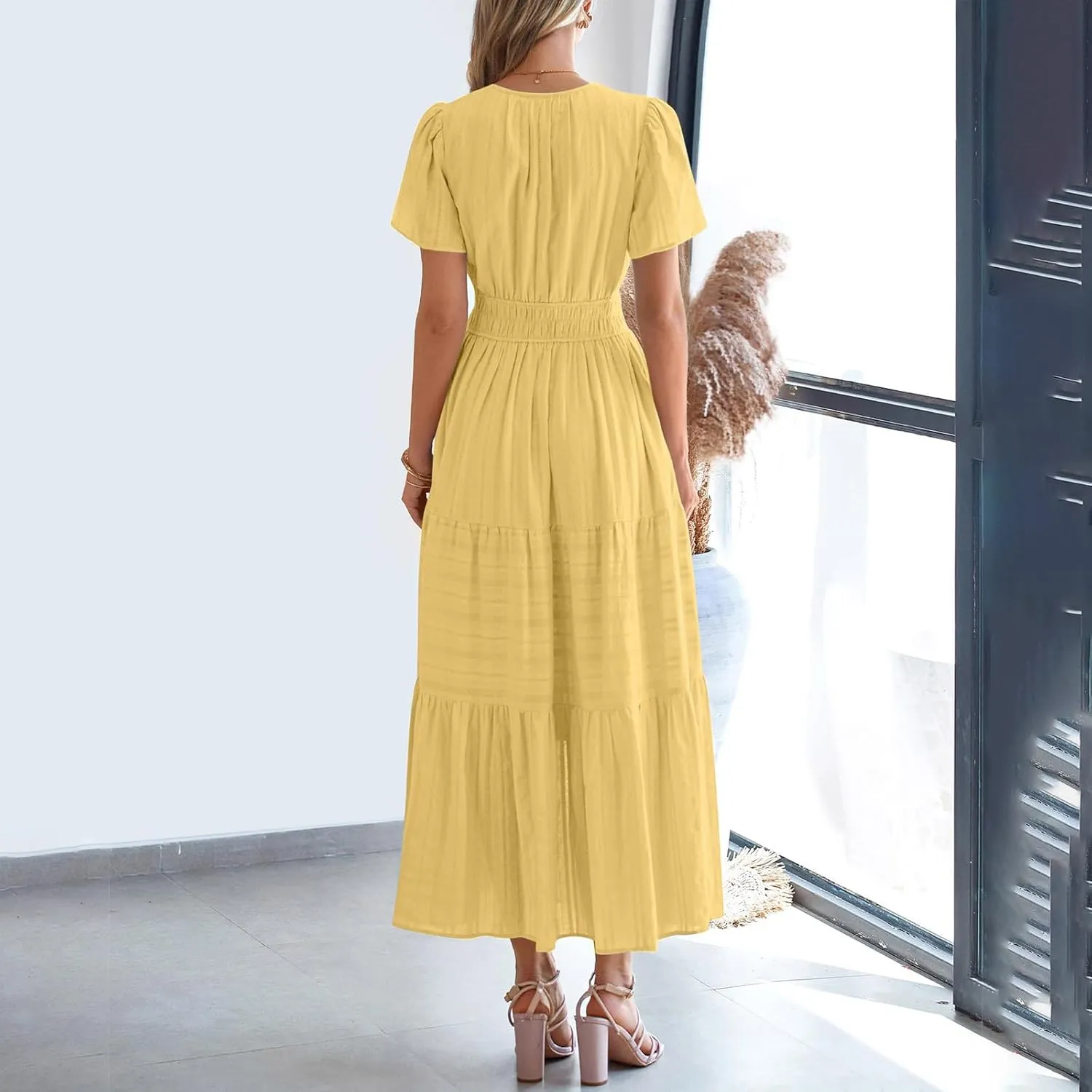 2025 Womens Summer Casual Midi Maxi Dresses Lightweight Short Sleeve V Neck Elastic Waist Loose Comfy Flowy Dress