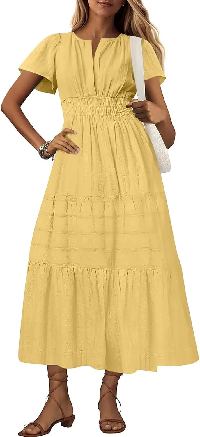 2025 Womens Summer Casual Midi Maxi Dresses Lightweight Short Sleeve V Neck Elastic Waist Loose Comfy Flowy Dress
