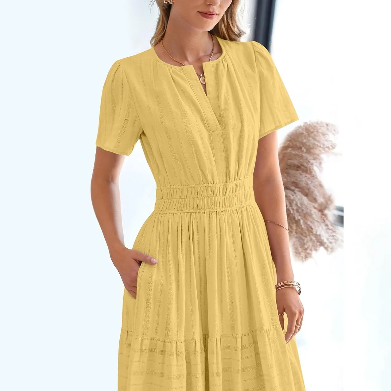 2025 Womens Summer Casual Midi Maxi Dresses Lightweight Short Sleeve V Neck Elastic Waist Loose Comfy Flowy Dress