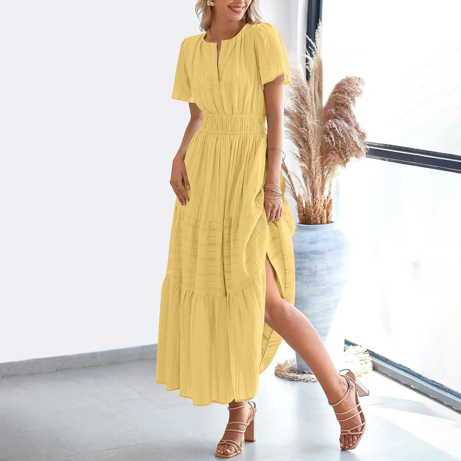 2025 Womens Summer Casual Midi Maxi Dresses Lightweight Short Sleeve V Neck Elastic Waist Loose Comfy Flowy Dress