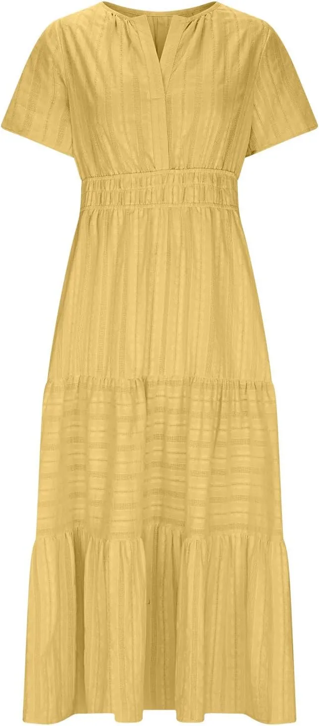 2025 Womens Summer Casual Midi Maxi Dresses Lightweight Short Sleeve V Neck Elastic Waist Loose Comfy Flowy Dress