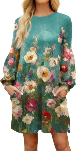ADHOWBEW Summer Dresses for Women 2025 Long Sleeve Trendy Plus Size Sexy Casual Round Neck Midi Dresses