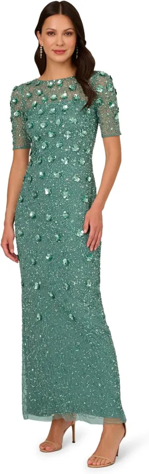 Adrianna Papell Women's Beaded Long 3D Floral Dress