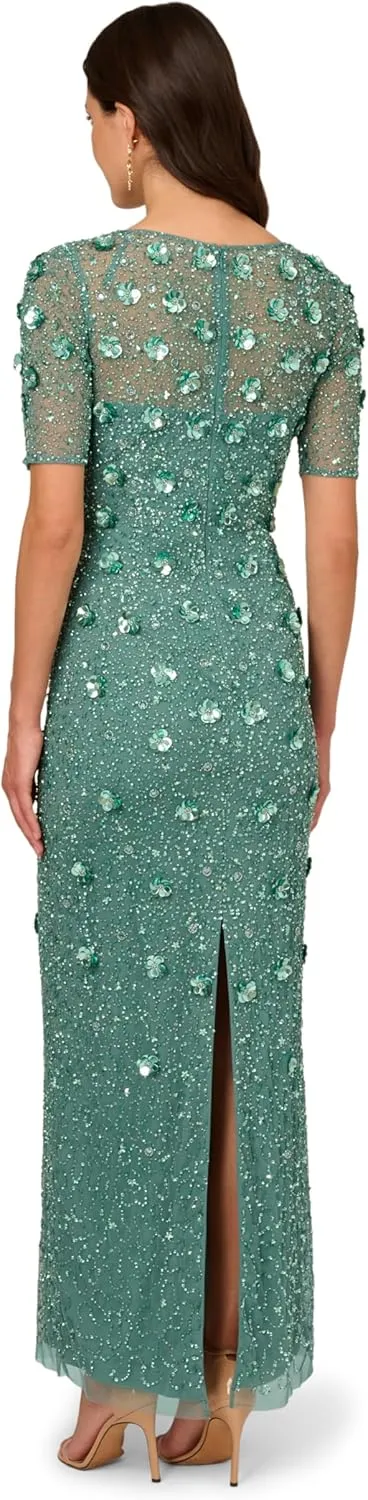 Adrianna Papell Women's Beaded Long 3D Floral Dress