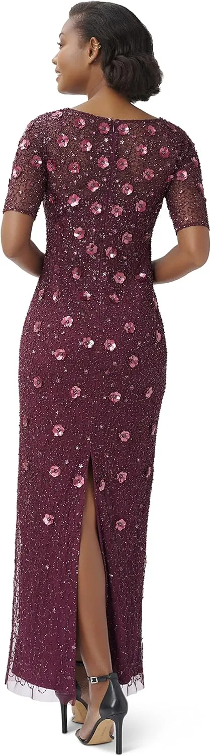 Adrianna Papell Women's Beaded Long 3D Floral Dress