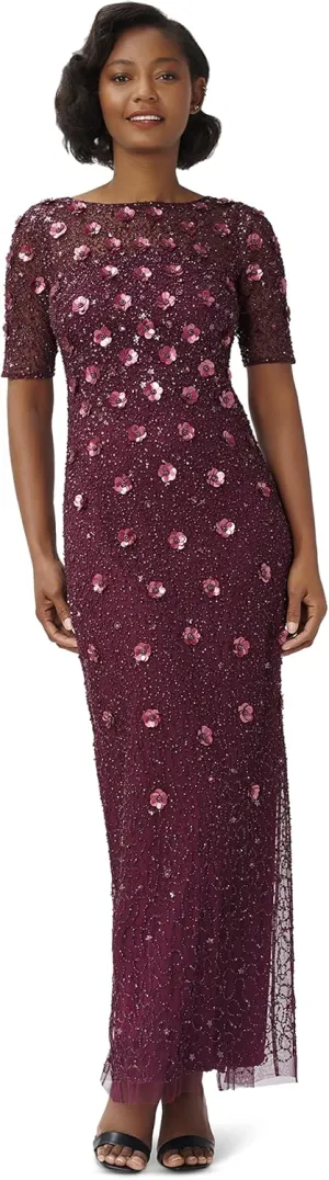 Adrianna Papell Women's Beaded Long 3D Floral Dress