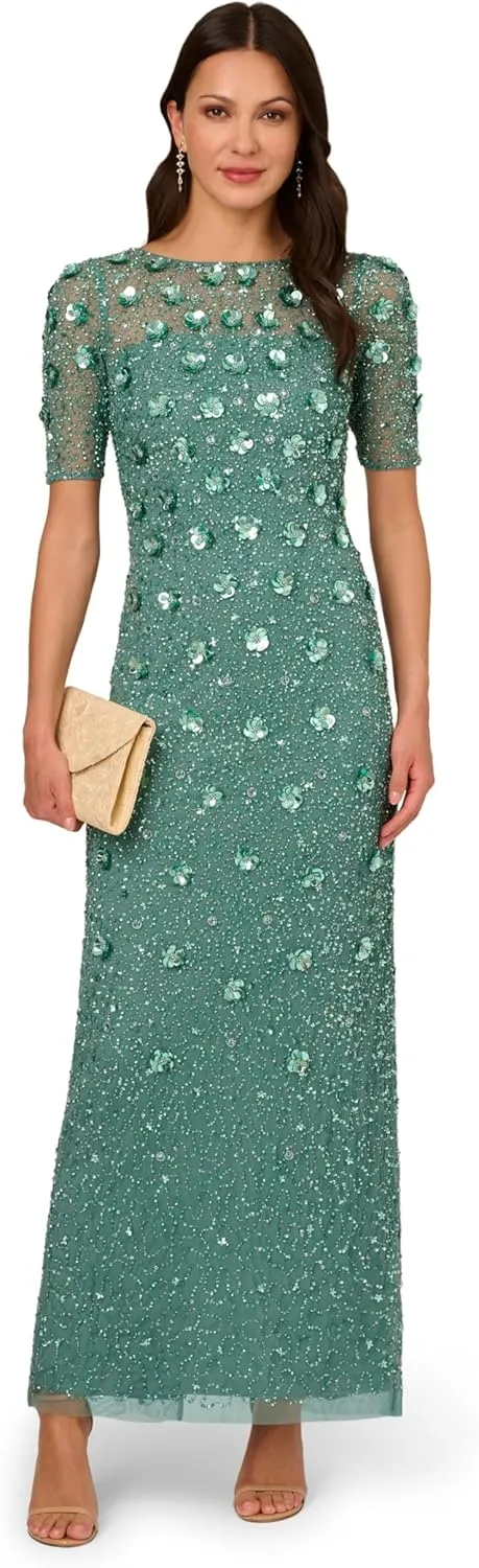 Adrianna Papell Women's Beaded Long 3D Floral Dress