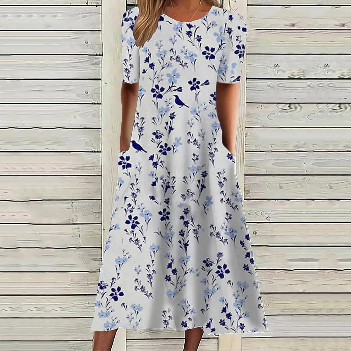 Akivide Women's Boho Floral Print Summer Crewneck Midi Tshirt Dress Casual Loose Short Sleeve Beach Dresses with Pockets