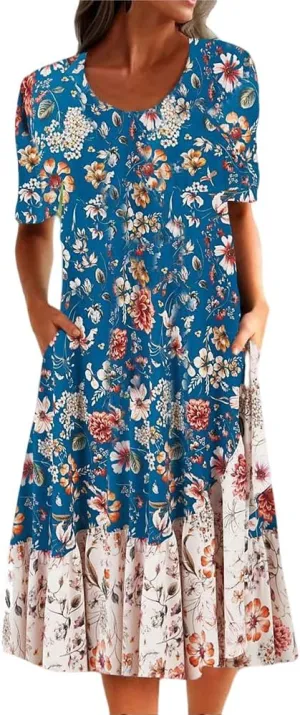 Akivide Women's Boho Floral Print Summer Crewneck Midi Tshirt Dress Casual Loose Short Sleeve Beach Dresses with Pockets