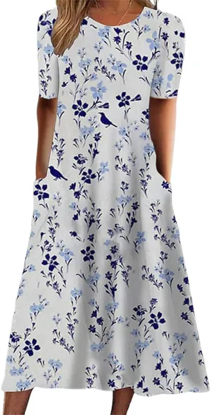 Akivide Women's Boho Floral Print Summer Crewneck Midi Tshirt Dress Casual Loose Short Sleeve Beach Dresses with Pockets