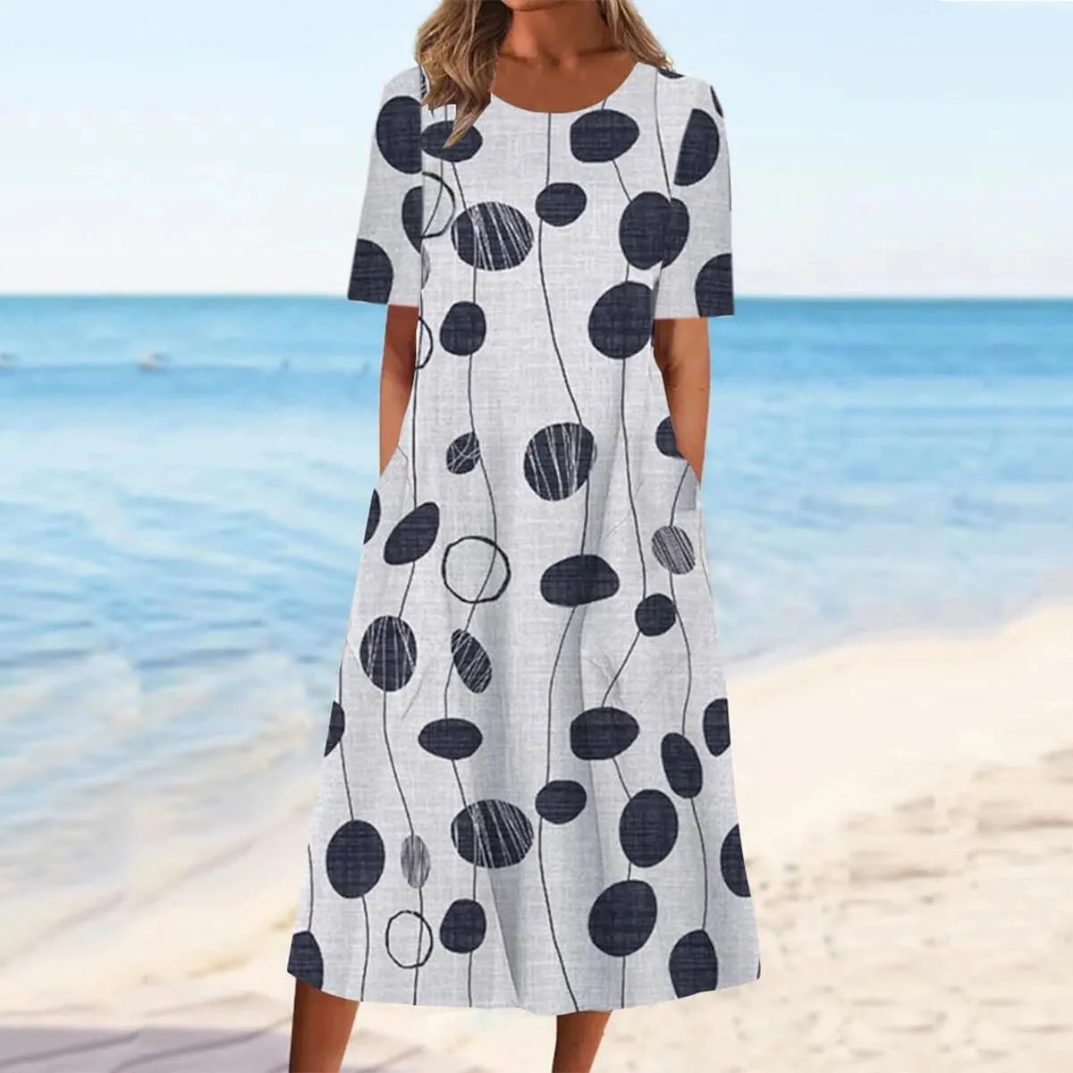 Akivide Women's Boho Floral Print Summer Crewneck Midi Tshirt Dress Casual Loose Short Sleeve Beach Dresses with Pockets