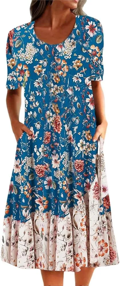 Akivide Women's Boho Floral Print Summer Crewneck Midi Tshirt Dress Casual Loose Short Sleeve Beach Dresses with Pockets