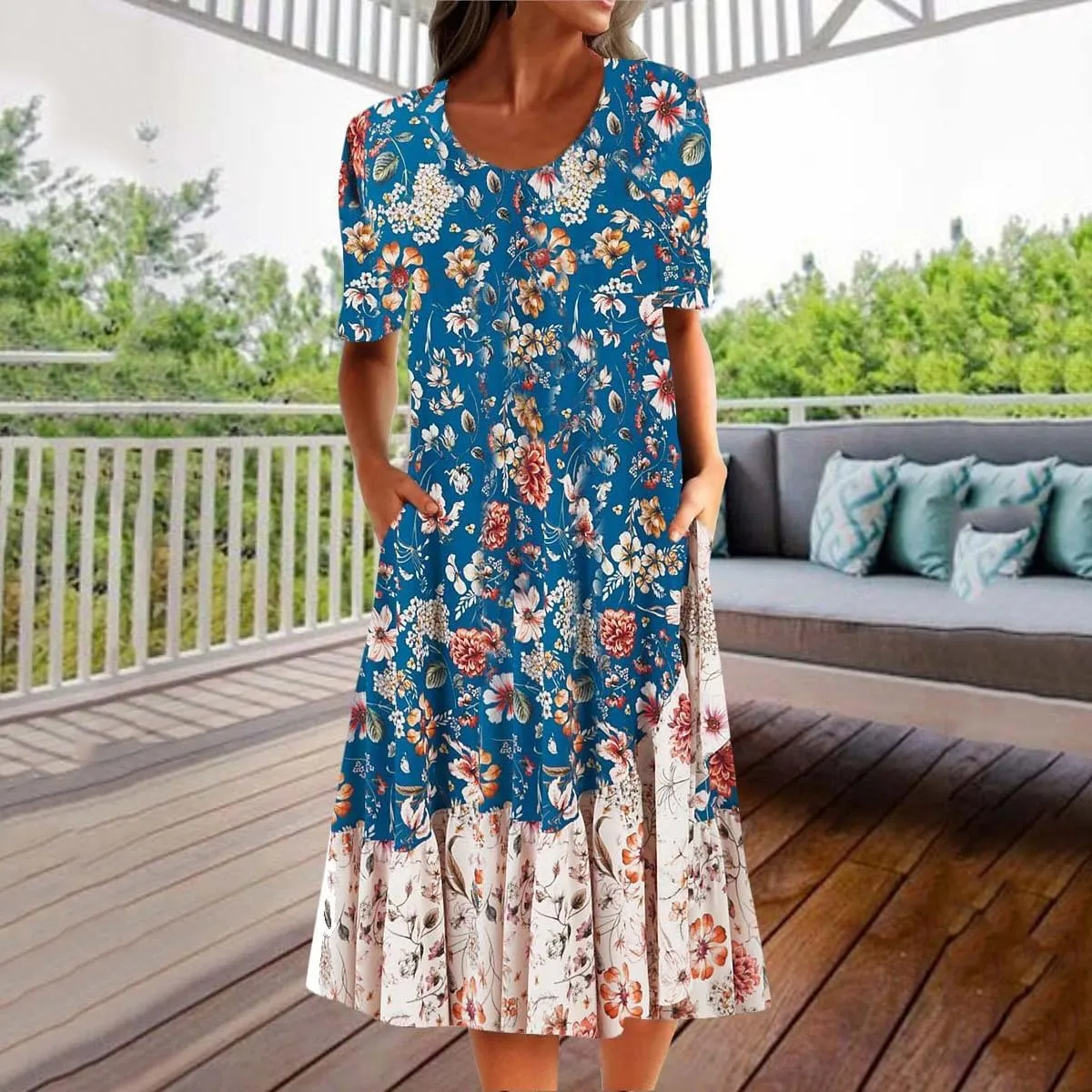 Akivide Women's Boho Floral Print Summer Crewneck Midi Tshirt Dress Casual Loose Short Sleeve Beach Dresses with Pockets