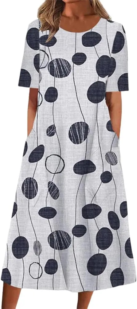 Akivide Women's Boho Floral Print Summer Crewneck Midi Tshirt Dress Casual Loose Short Sleeve Beach Dresses with Pockets