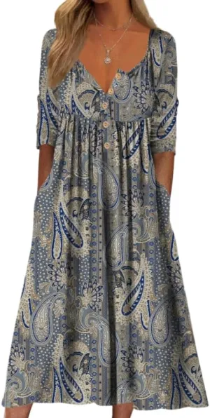 Akivide Women's Button Down V Neck Midi Tshirt Dress Plus Size Boho Summer Short Sleeve Beach Dresses with Pockets 2024