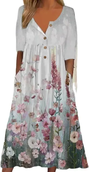 Akivide Women's Button Down V Neck Midi Tshirt Dress Plus Size Boho Summer Short Sleeve Beach Dresses with Pockets 2024