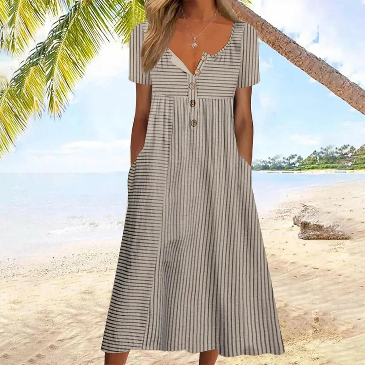 Akivide Women's Button Down V Neck Midi Tshirt Dress Plus Size Boho Summer Short Sleeve Beach Dresses with Pockets 2024
