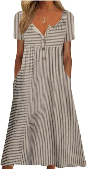 Akivide Women's Button Down V Neck Midi Tshirt Dress Plus Size Boho Summer Short Sleeve Beach Dresses with Pockets 2024
