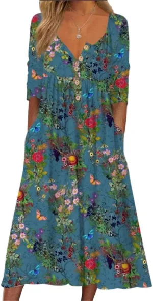 Akivide Women's Button Down V Neck Midi Tshirt Dress Plus Size Boho Summer Short Sleeve Beach Dresses with Pockets 2024