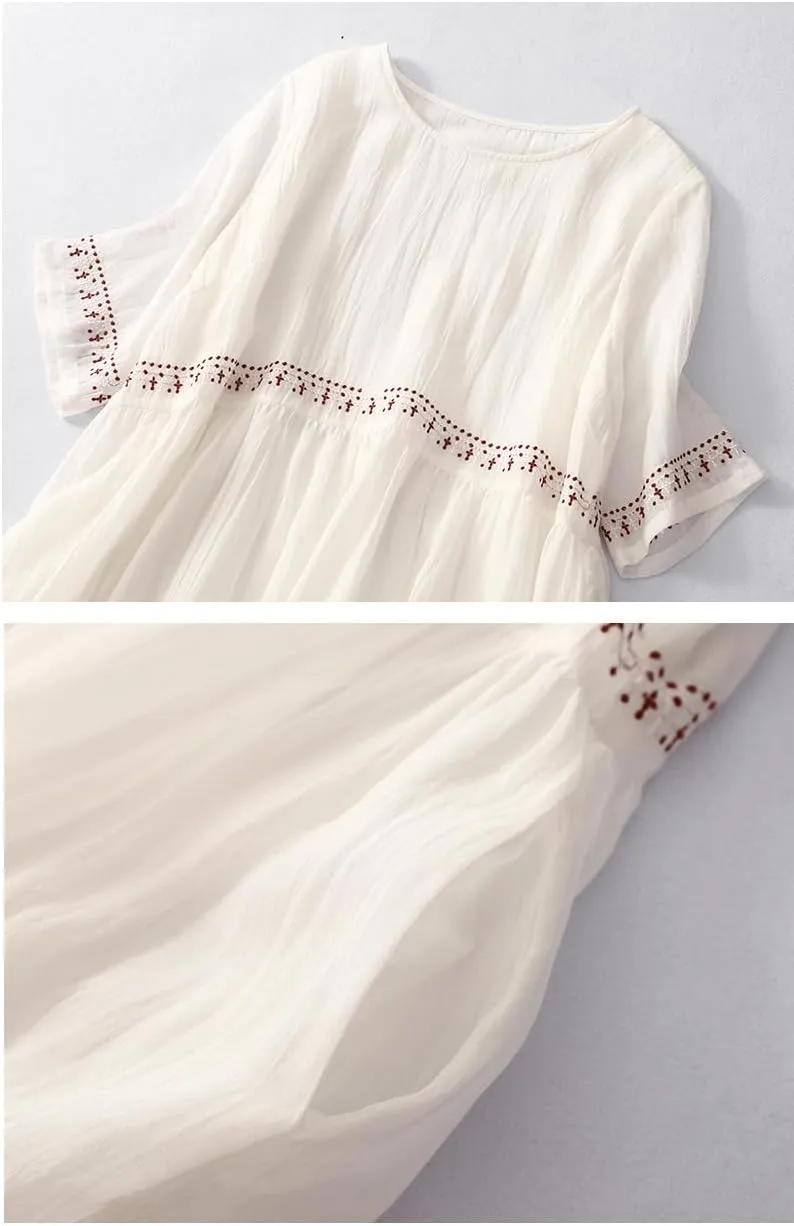 Akivide Women's Floral Embroidered Cotton Linen Maxi Dress Summer Classic Half Sleeve Round Neck Flowy Dresses