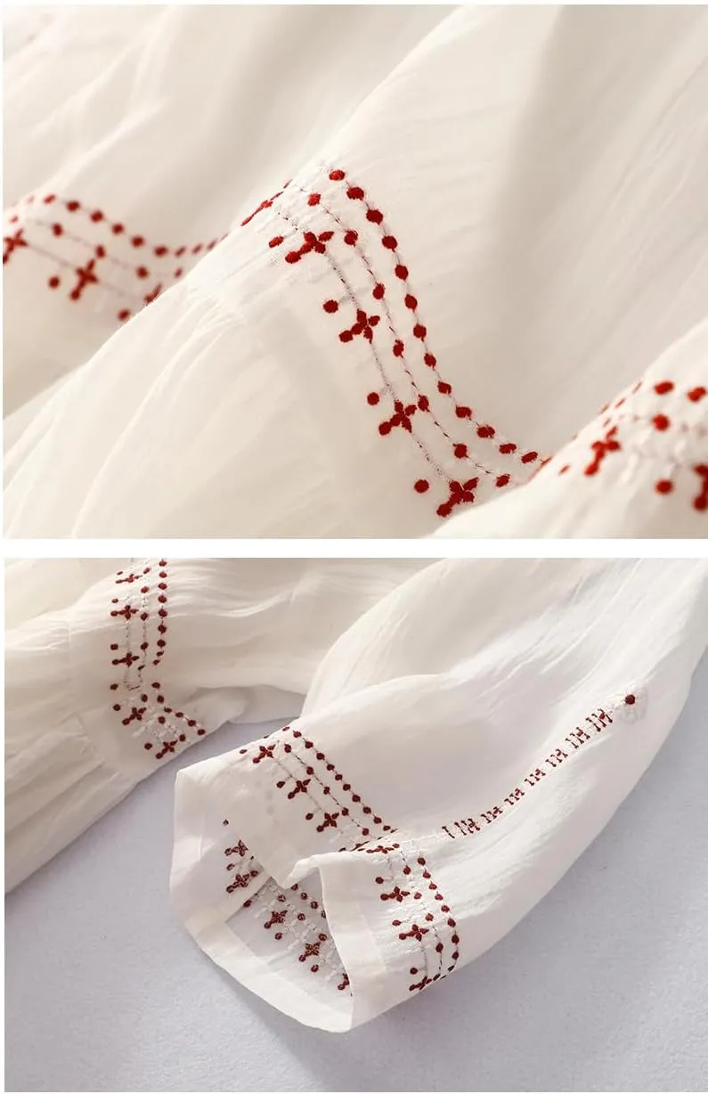 Akivide Women's Floral Embroidered Cotton Linen Maxi Dress Summer Classic Half Sleeve Round Neck Flowy Dresses