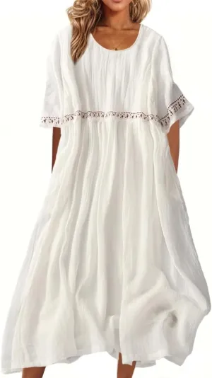 Akivide Women's Floral Embroidered Cotton Linen Maxi Dress Summer Classic Half Sleeve Round Neck Flowy Dresses