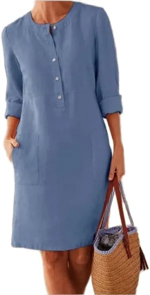 Akivide Womens Plus Size Linen Cotton Casual Loose Comfy Knee Length Dress Half Button Dresses with Pockets