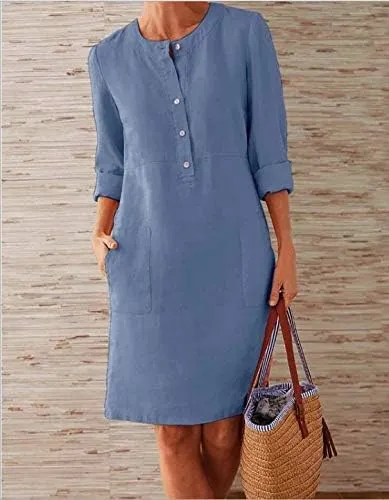 Akivide Womens Plus Size Linen Cotton Casual Loose Comfy Knee Length Dress Half Button Dresses with Pockets