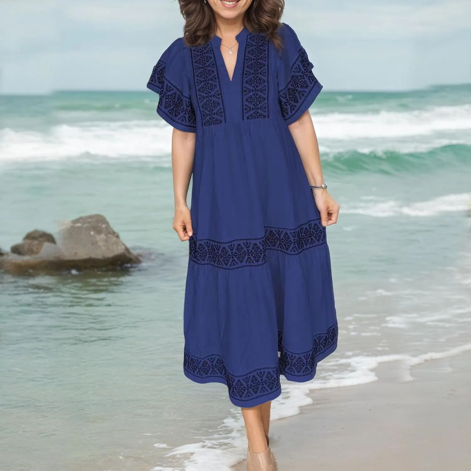 Akivide Women's Summer Boho Flutter Short Sleeve Midi Dress Flowy Casual Ruffle Tiered Beach Vacation Dress with Pockets